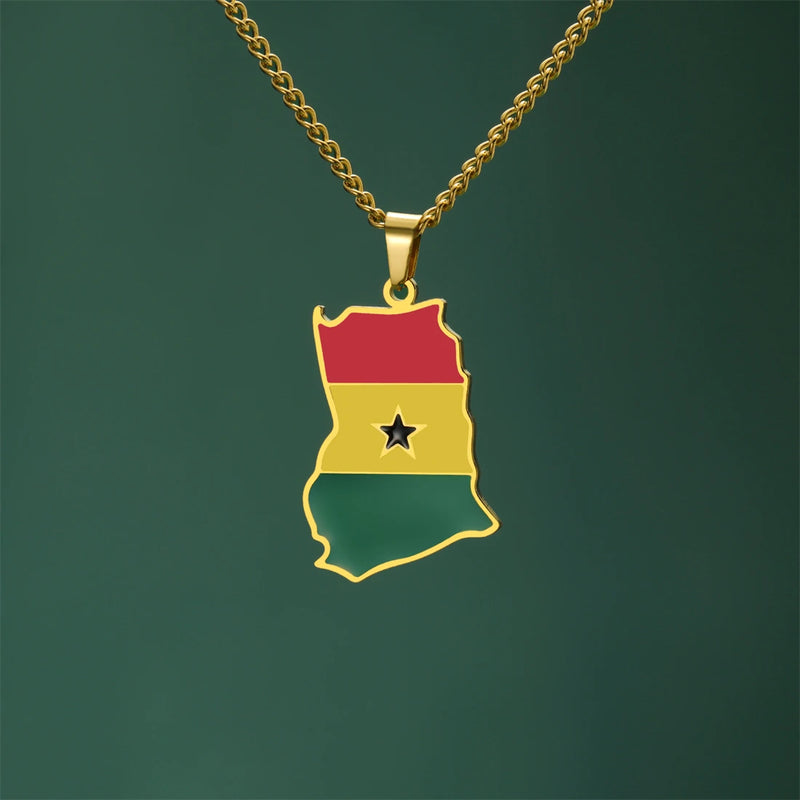 EUEAVAN Enamel Africa Ghana Map Flag Pendant Necklace Men Women Stainless Steel Gold Silver Color African Ghanaian Jewelry Gifts