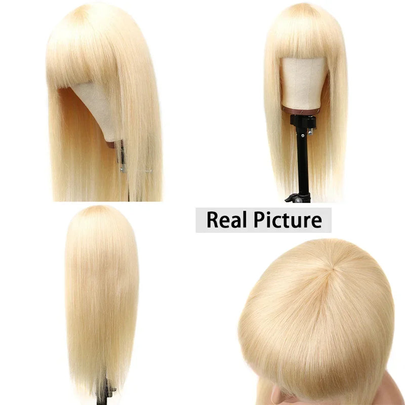 Ready To Wear 613 Honey Blonde Human Hair Wigs With Bangs Full Machine Made Brazilian Human Hair Extension For Women