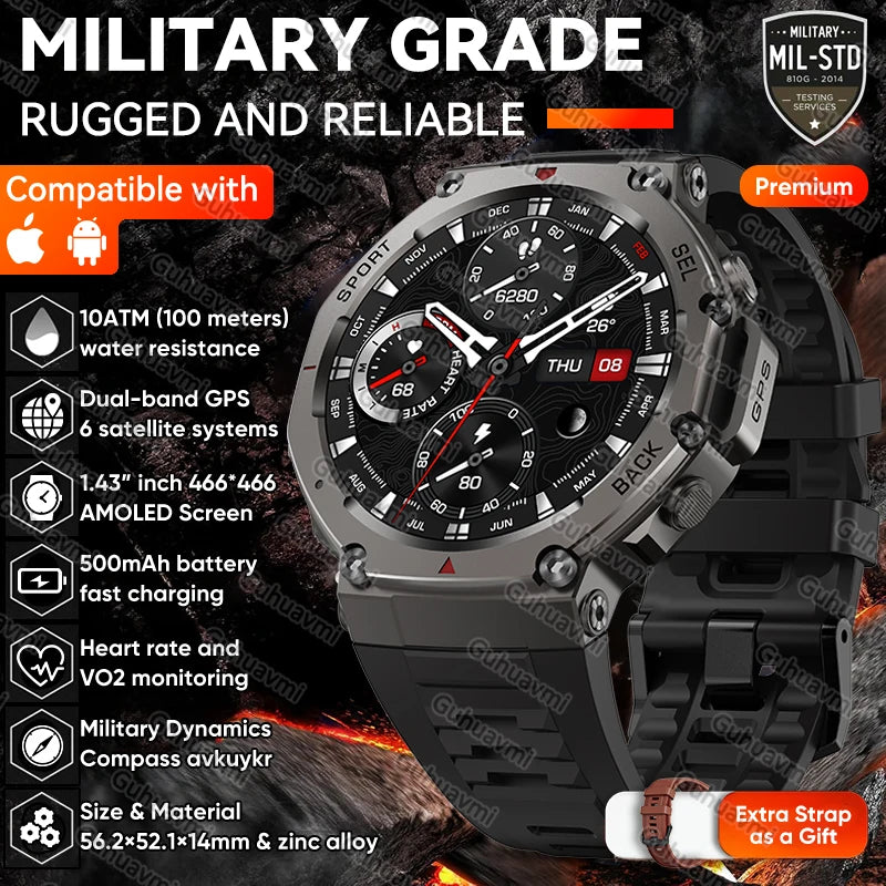 Novo t-rex 3 banda dupla gps militar relógio inteligente 48mm 10atm resistente à água 500mah bateria bússola altímetro smartwatch para huawei