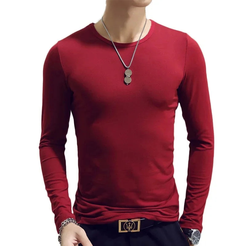 2023 Men's Long Sleeve T-shirts Loose-Fit Solid Color V-Neck Base Layer Top Thin Style Autumn Clothing