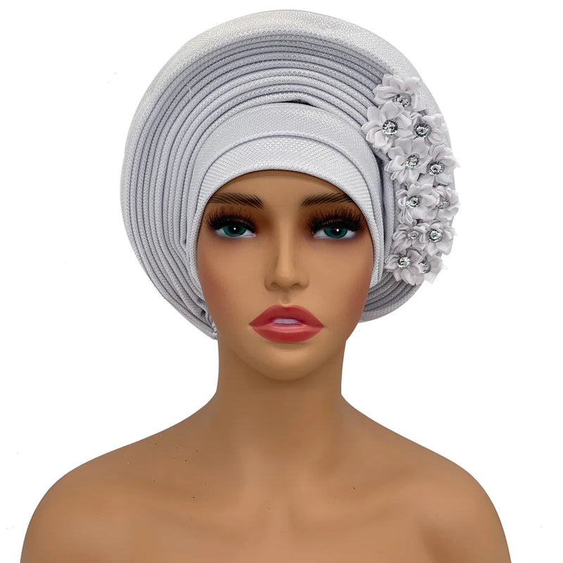 New African Headtie Turban Nigeria Head Ties with Flowers Already Made Auto Gele Women Head Wraps for Wedding Party