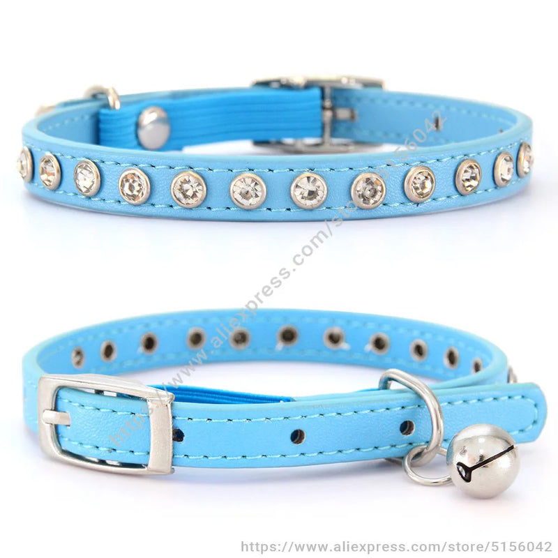 Shiny Rhinestone Pet Collar Safety Adjustable Cat Dog Collars With Bell Puppy Kitten Decoration Accessories Leather Flocking S