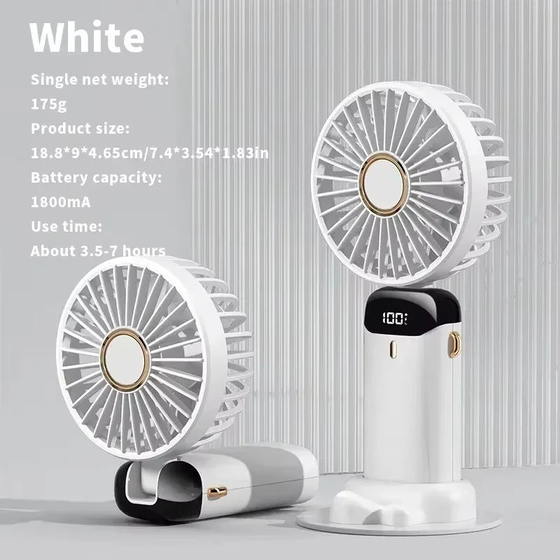 USB Rechargeable Handheld Mini Fan Foldable Portable Fan 5 Speed Levels LED Display Dual Battery 360° Adjustable Home Travel Use