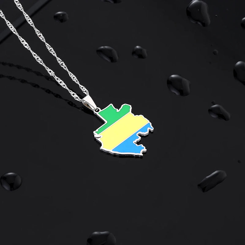 Fashion Enamel Drop Oil Gabon Map Flag Pendant Necklace For Women Stainless Steel Gabonaise Charm Jewelry Patriotic Gift