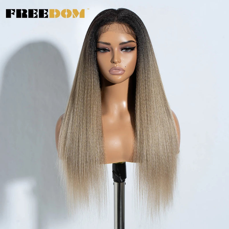 FREEDOM Yaki Straight Synthetic Lace Front Wigs For Women 26" Ombre Brown Blonde Lace Wig Heat Resistant Clearance Cosplay Wig