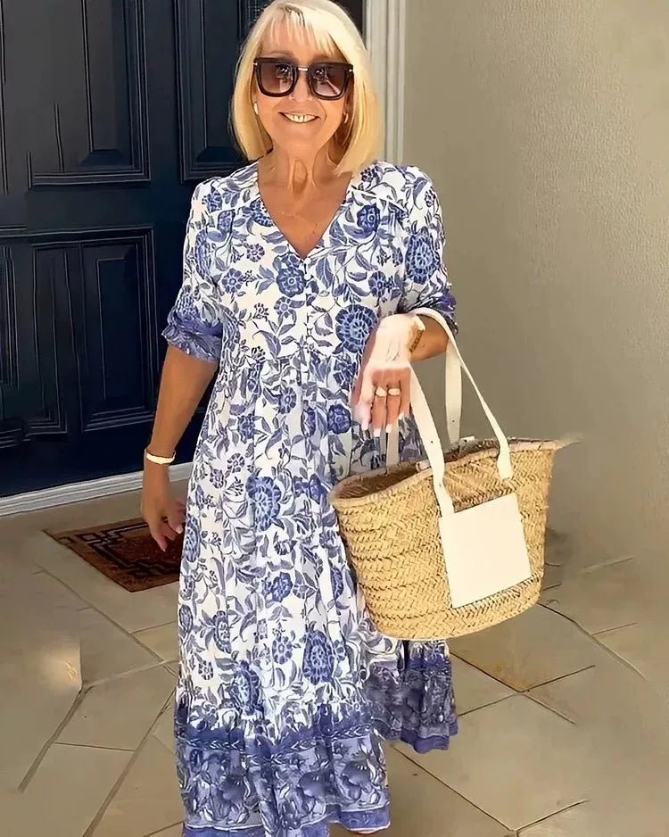 Summer Casual Floral Print Long Dress For Women V Neck Three-quarter Sleeve Elegant Party Dresses Female Boho Holiday Clothing