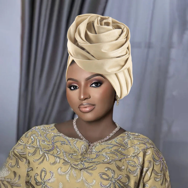 Raw Silk Big Rose Flower African Turban Caps for Women Headwear Head Wraps Nigerian Wedding Geles Party Headgear Bonnet