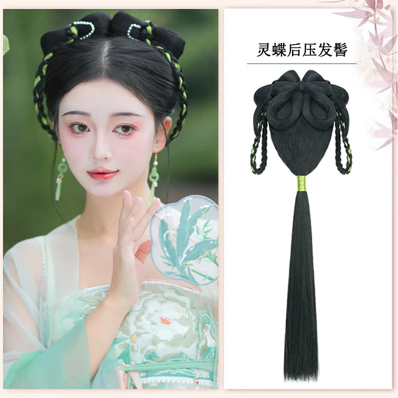 AOSI Synthetic Wei And Jin Style Warring States Robe Hanfu Wig Package Integrated Bun Back Pressed Back Hair Ancient Style