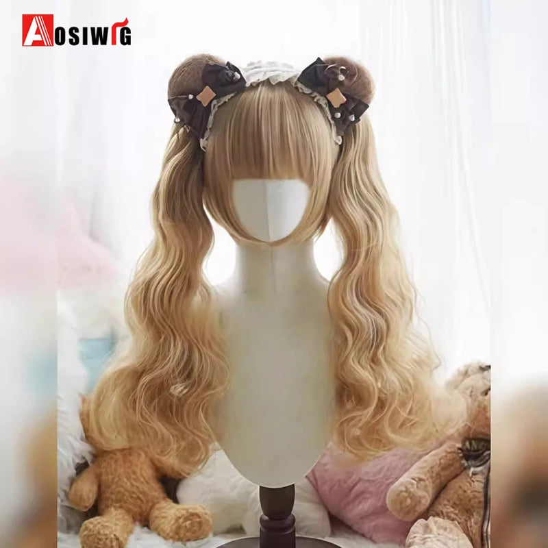 33Inch Synthetic Big wave long curly hair Milk Tea Green Lolita Wigs For Women Cosplay Wig With Bangs Halloween Daily Cosplay Us