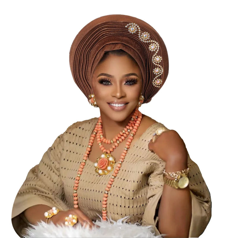 New African Headtie Turban Nigeria Head Ties with Flowers Already Made Auto Gele Women Head Wraps for Wedding Party