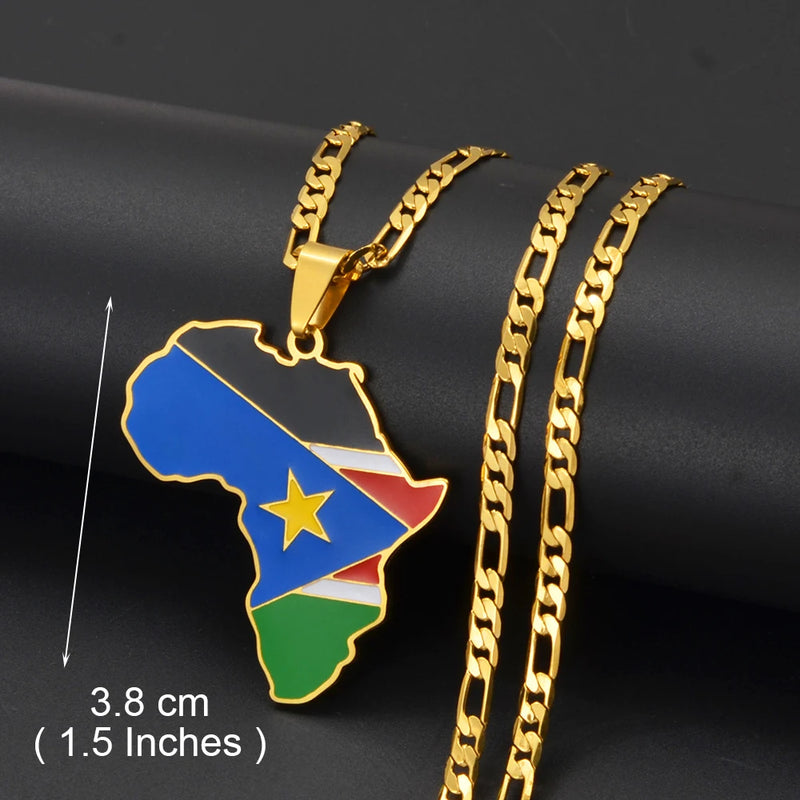 Anniyo 3.8CM Hip-hop South Sudan/Côte d'Ivoire/South Africa Map Flag and Africa Pendant Necklaces for Women Men Jewelry
