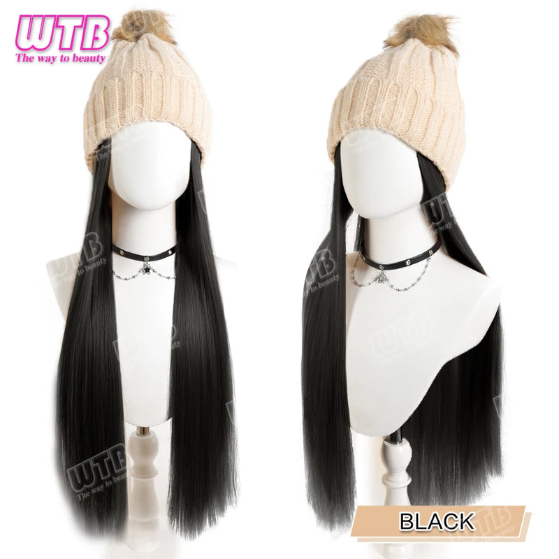 WTB Wavy Curly Hair Hat Wig Long Hair Black/Golden Beret Autumn Winter Hat Chemical Fiber Wig Hair Extensions Hair Accessories