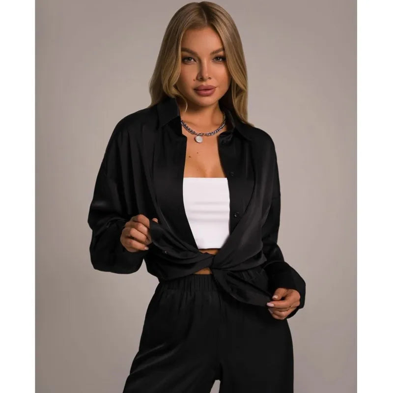 Spring And Summer Lady Long Pants Set Elegant Satin Silk Long Sleeved Loose Shirt Wide Leg Pants Two-piece Set Women Outerwear