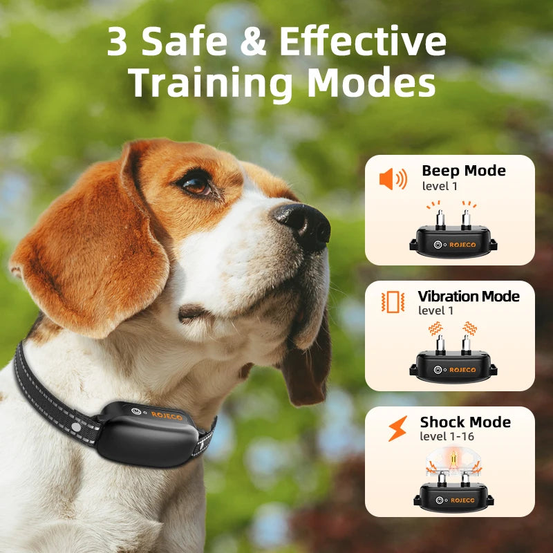 ROJECO Elétrica Dog Training Collar, Controle Remoto, IPX7 Impermeável, Vibrador Elétrico, Casca, Stop Shock, Pet, Puppy