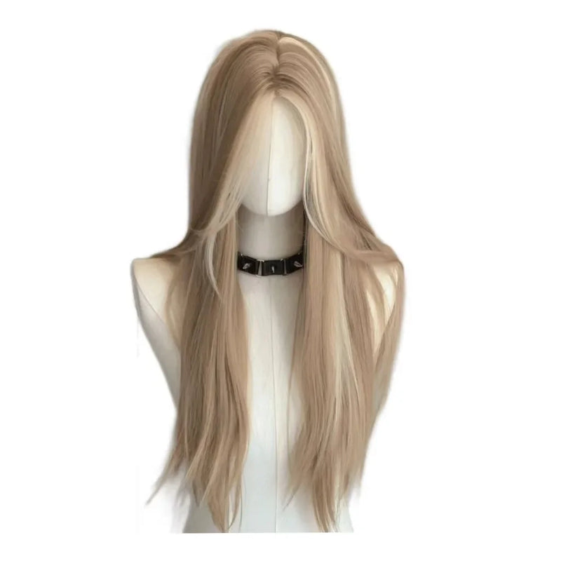 Asian Women's Gradient Highlighted Straight Hair Wig Front Lace American Retro Style Dyeing Chic Golden Brown Middle Part