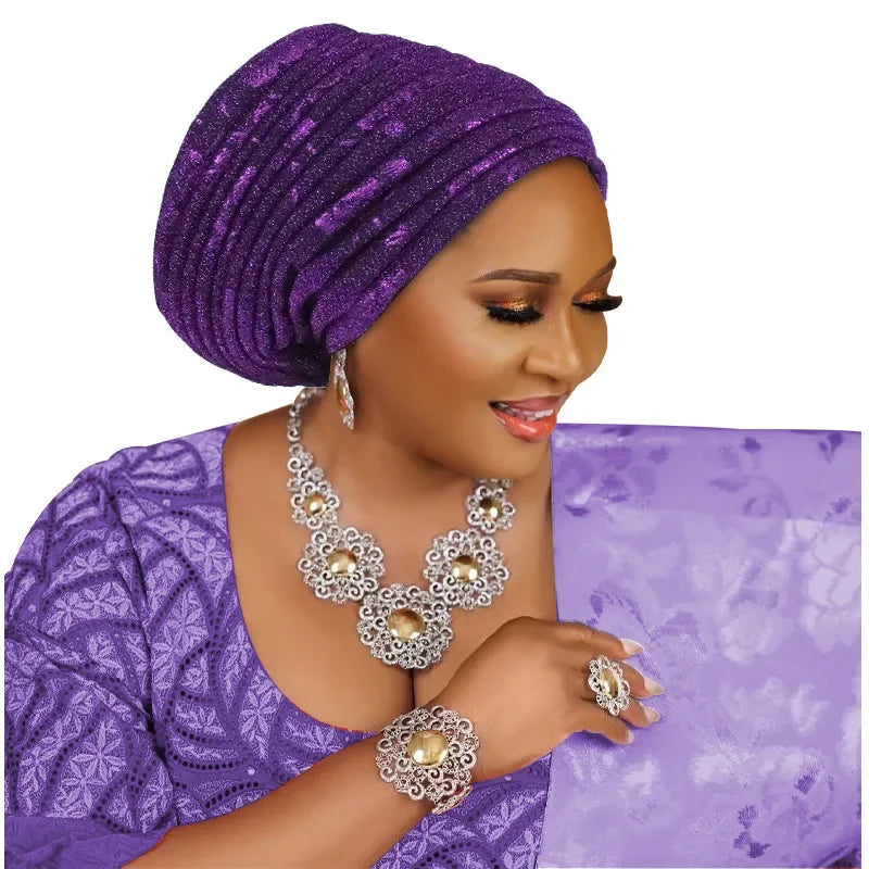 African Lady Headpiece Muslim Headscarf Hat Glitter Fabric Turban Cap for Women Pleated Head Wraps Bonnet