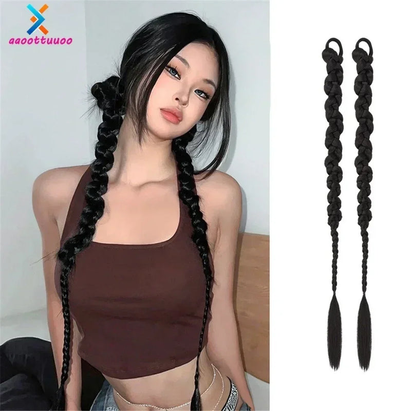 synthetic wig 2Pcs Hip-Hop Women Black Braided Twisted Ponytail Wig Long Braid Extensions Girls Hair Accessories