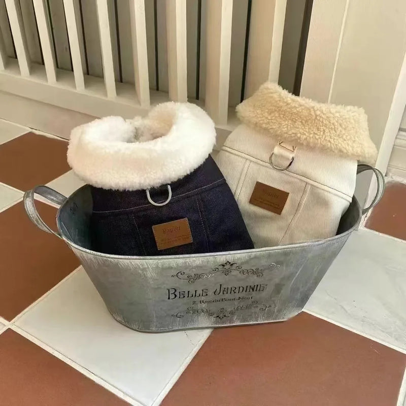 Pet Lamb Fur Coat Traction Thick Jacket Dog Small Cotton Coat Pet Clothes Lamb Plush Bear Pet Denim Dog Clothes for Small Dogs