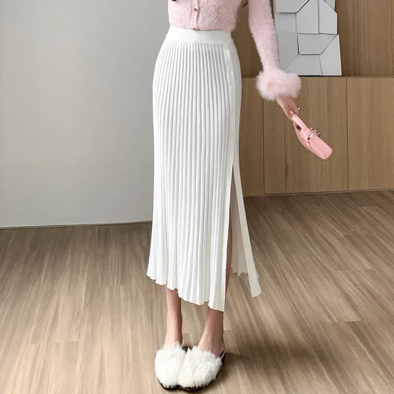 New Fashion Knitted Pleated Skirts Women 2024 Autumn Winter High Waist A Line Faldas Korean Sexy Mid Length White Black Skirt