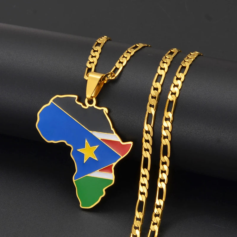 Anniyo 3.8CM Hip-hop South Sudan/Côte d'Ivoire/South Africa Map Flag and Africa Pendant Necklaces for Women Men Jewelry