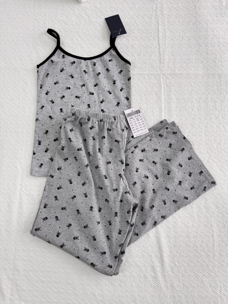 Skulls Print Home Cozy Pants Sets Women Sleeveless Cropped Tank Top+Straight Trouser Suits Casual Sweet Pajama Two-piece Set New