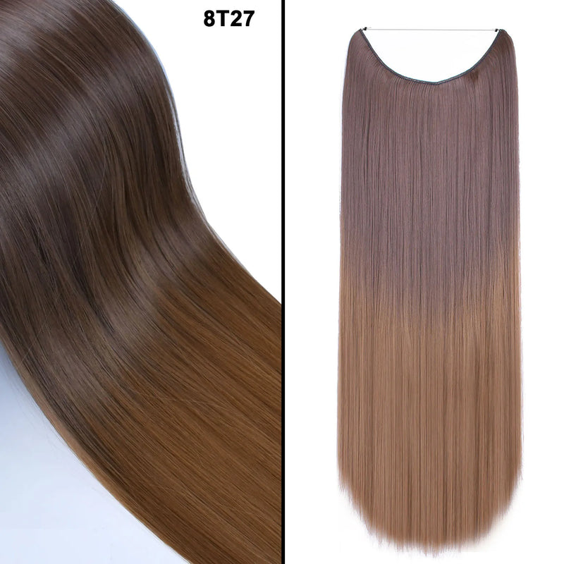 Jeedou One Piece Synthetic Hair Extension No Clips Whit Invisible Line Straight&Wavy Hair Hairpieces Brown Blue Ombre Color