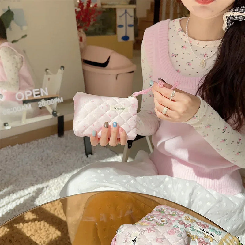 Cartoon Flower Square Cosmetic Bag Women Portable Earphones Lipstick Sanitary Napkins Storage Pouch Small Makeup Zipper Bags