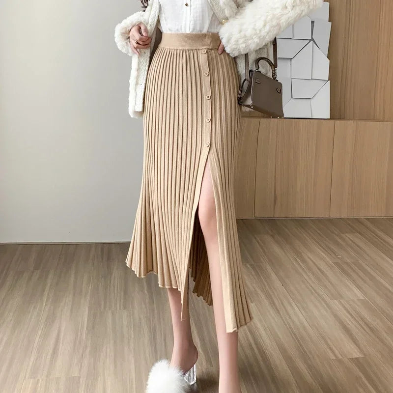New Fashion Knitted Pleated Skirts Women 2024 Autumn Winter High Waist A Line Faldas Korean Sexy Mid Length White Black Skirt