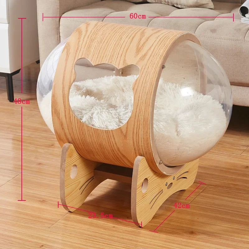 Cat Transparent Space Capsule Cat Nest Climbing Solid Cabin Capsule Wooden Delivery Room Four Seasons Universal Pet Supplies