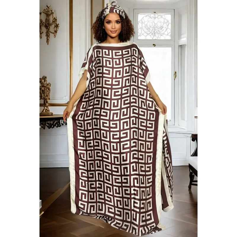 Camisa elegante com estampa geométrica grande e lenço combinando para todas as estações