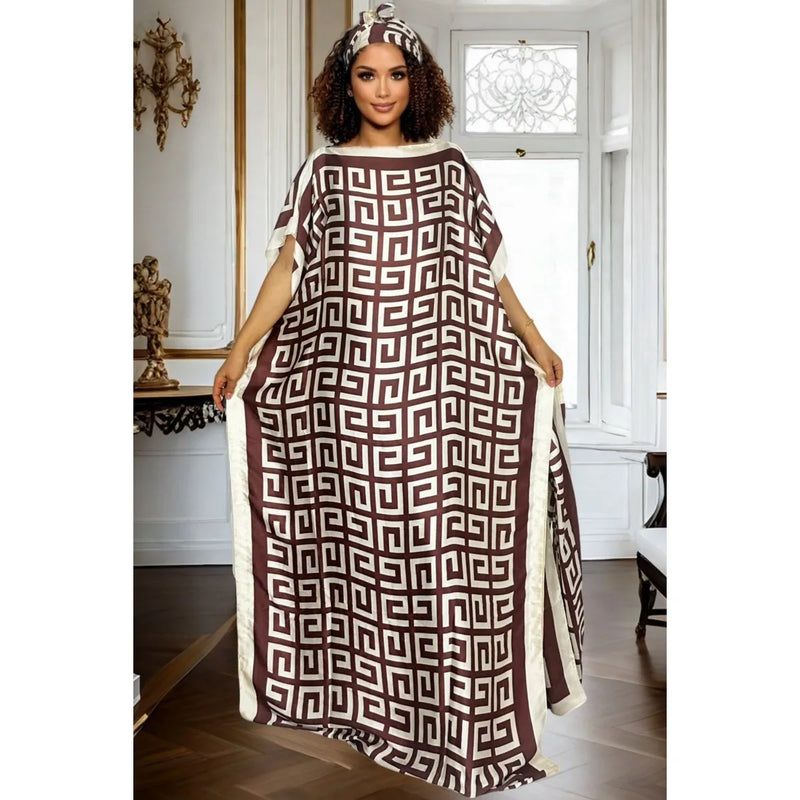 Camisa elegante com estampa geométrica grande e lenço combinando para todas as estações