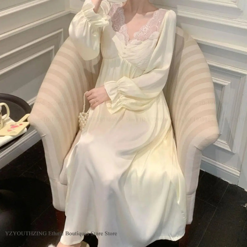 Women Long Sleepdress Nightgown Elegant Retro Court Style Nightdress Home Dressing Gown Spring Summer Rayon Sleepwear Loungewear