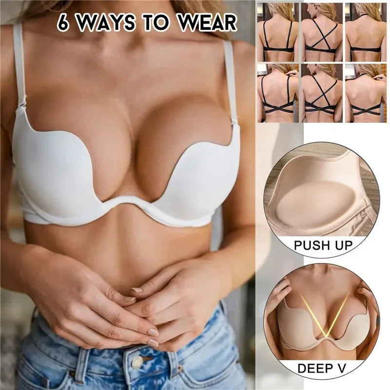 Sexy Backless Lingerie Invisible Deep U Bra Women Seamless Backless Outfit Underwear Low Collar Brassiere Open Back Push Up Bras