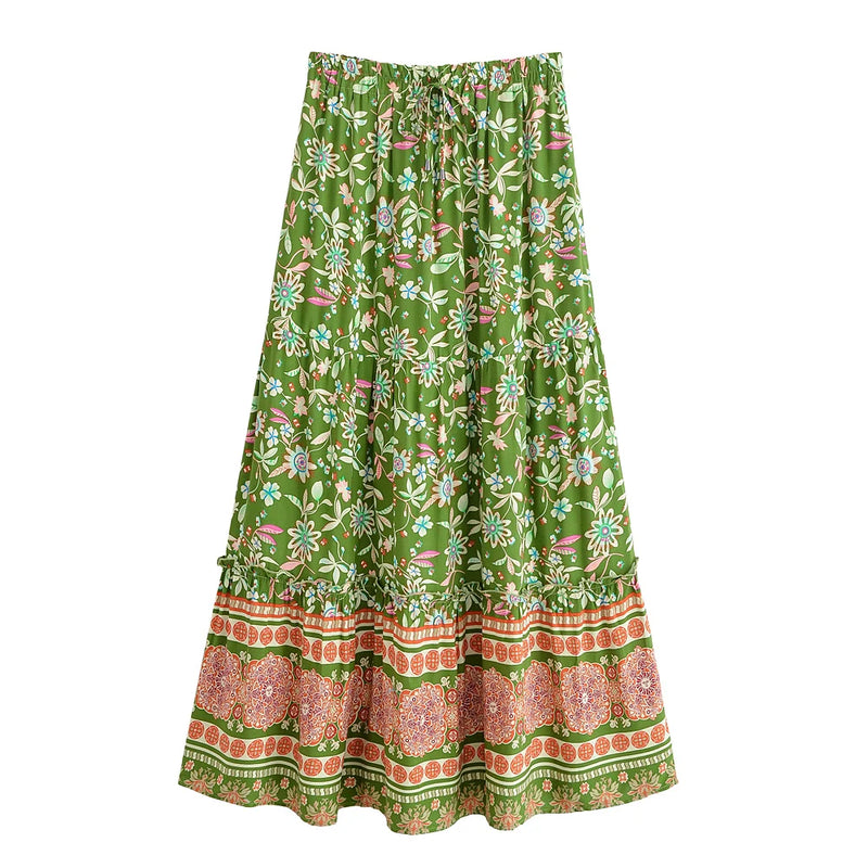 Boho Queens Women Wild Floral Print Beach Bohemian Skirt with Pockets High Waist Rayon Maxi  A-Line Ruffles Boho Skirts Femme