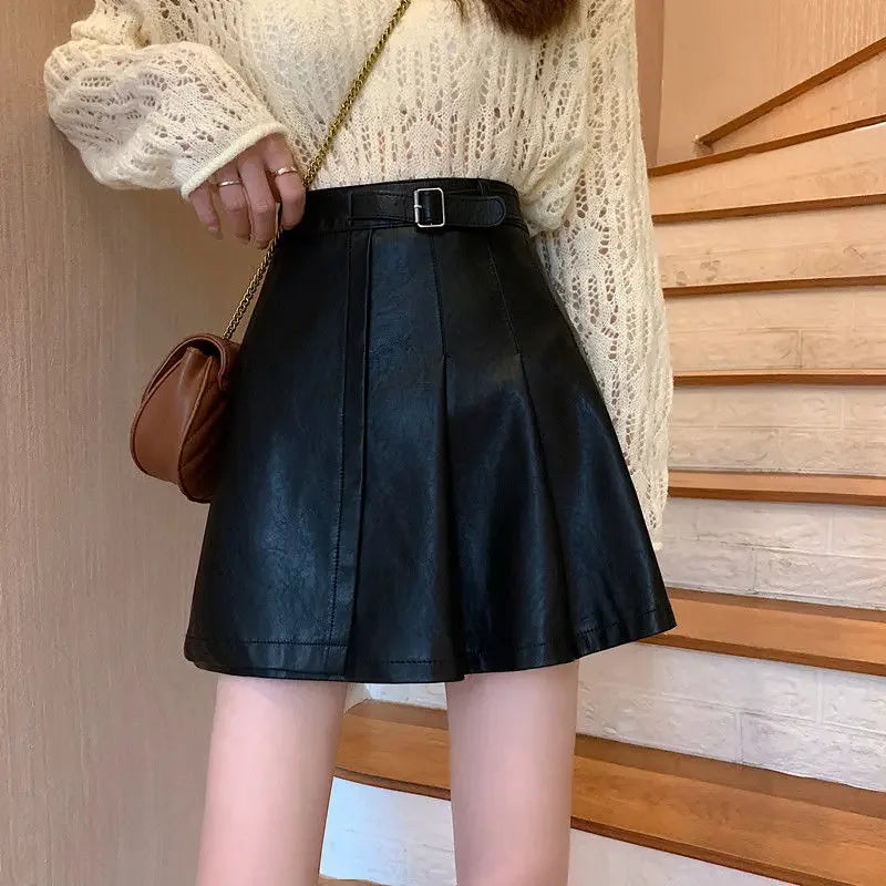 2025 New Faux Leather Skirt Women Korean Solid PU Black/White High Waist Skirt Woman