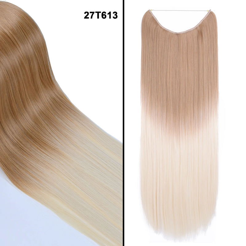 Jeedou One Piece Synthetic Hair Extension No Clips Whit Invisible Line Straight&Wavy Hair Hairpieces Brown Blue Ombre Color