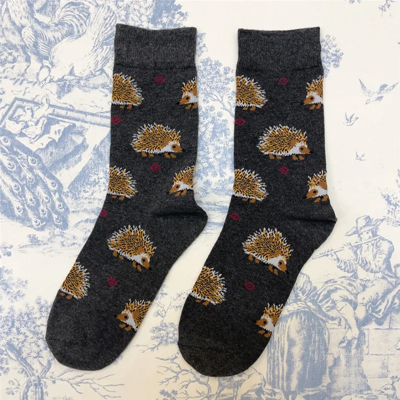 1Pair Adult Size Mid Calf Crew Cartoon Hedgehog Cottton Unisex Socks British Style Casual Harajuku Forest Animal Art Couple Fun