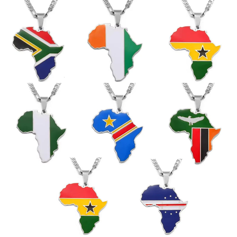 Anniyo 3.8CM Hip-hop South Sudan/Côte d'Ivoire/South Africa Map Flag and Africa Pendant Necklaces for Women Men Jewelry