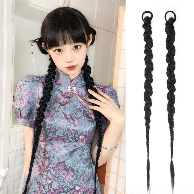 synthetic wig 2Pcs Hip-Hop Women Black Braided Twisted Ponytail Wig Long Braid Extensions Girls Hair Accessories