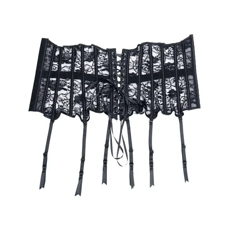 Mulheres preto bustiers & espartilhos cintura trainer magro bustiers sexy com liga cinto de renda malha respirável underbust espartilho