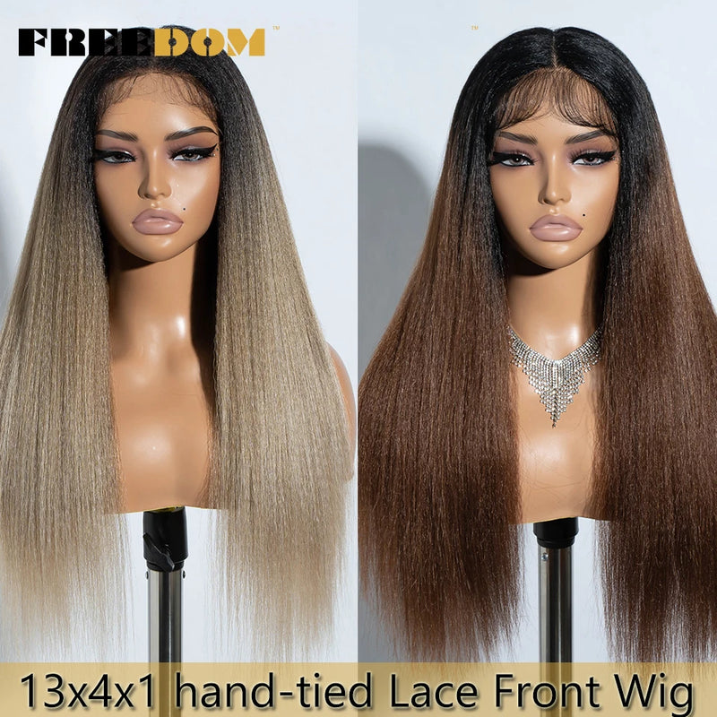 FREEDOM Yaki Straight Synthetic Lace Front Wigs For Women 26" Ombre Brown Blonde Lace Wig Heat Resistant Clearance Cosplay Wig