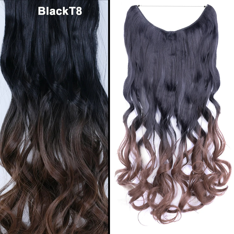 Jeedou One Piece Synthetic Hair Extension No Clips Whit Invisible Line Straight&Wavy Hair Hairpieces Brown Blue Ombre Color