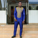 Roupas africanas para homens tradicionais Bazin Riche bordado design top manga comprida conjunto de 3 peças