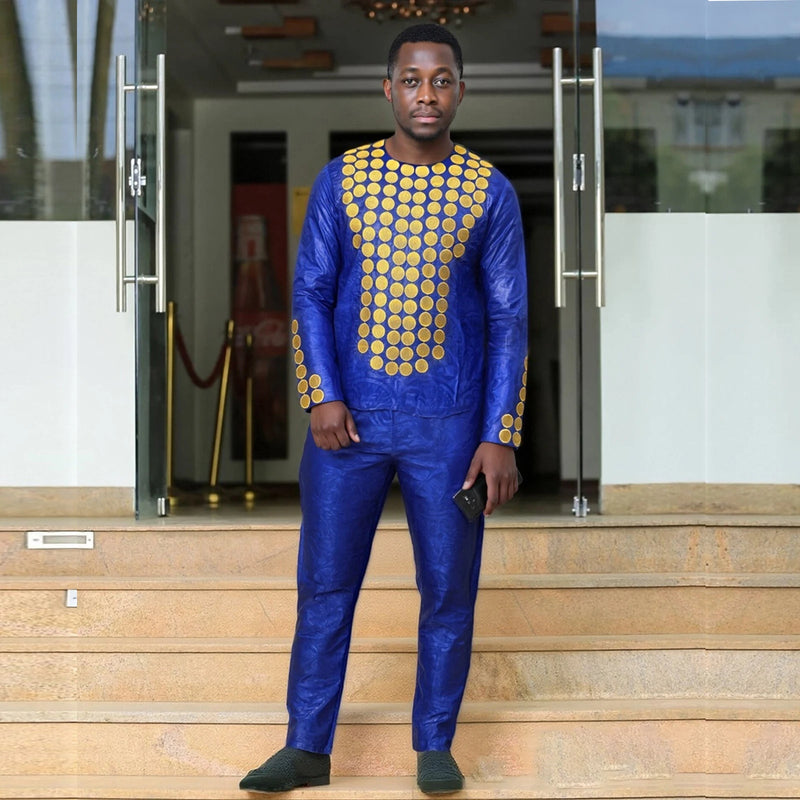 Roupas africanas para homens tradicionais Bazin Riche bordado design top manga comprida conjunto de 3 peças