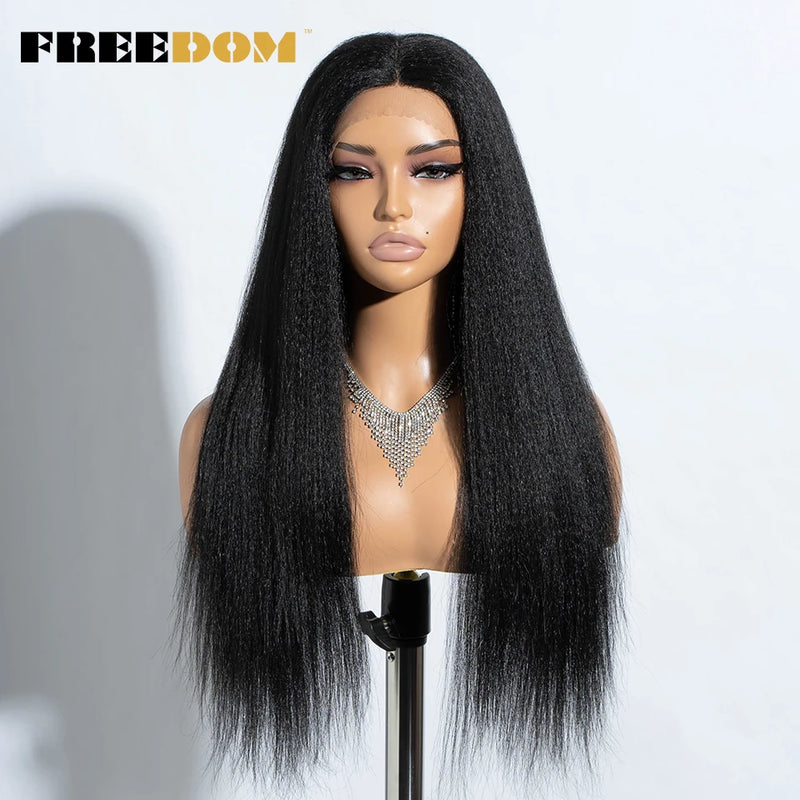 FREEDOM Yaki Straight Synthetic Lace Front Wigs For Women 26" Ombre Brown Blonde Lace Wig Heat Resistant Clearance Cosplay Wig