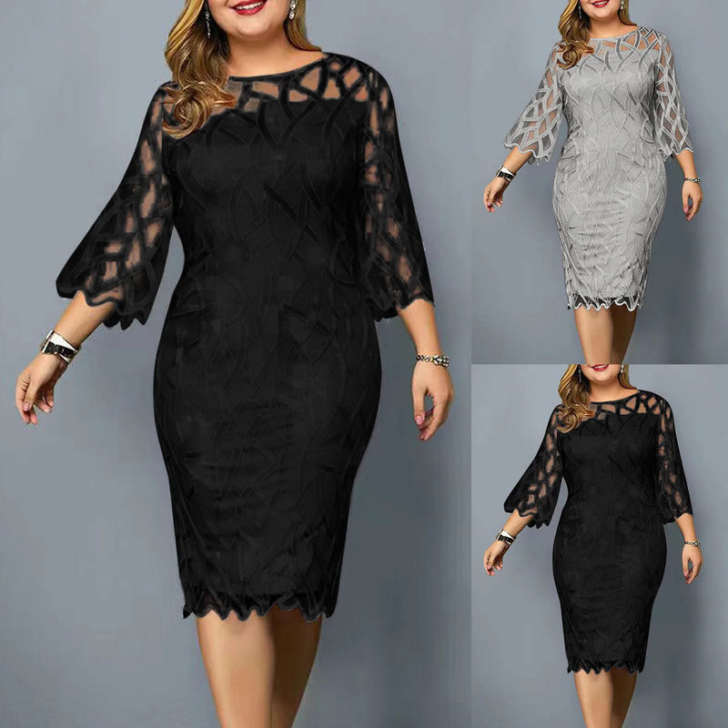 Plus Size Summer Dresses for Women Lace Mesh Spliced Elegant Party Midi Dress Loose 3/4 Sleeve Women's Evening Dress 5XL 6XL