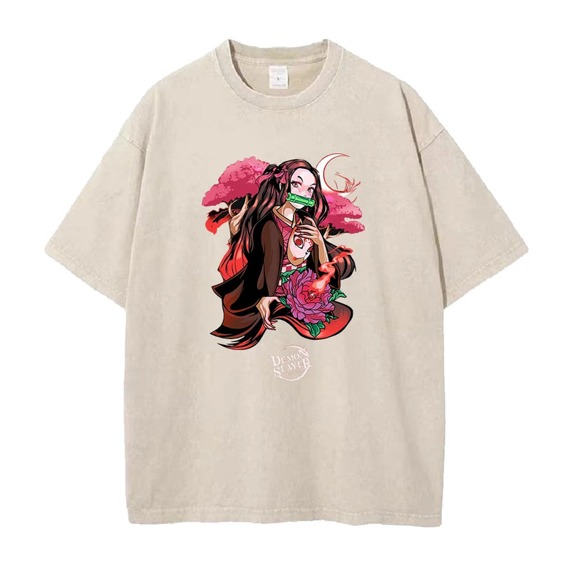 Anime Demon Slayer Agatsuma Zenitsu Graphic Print T Shirt Men Vintage Casual T-shirts Washed Cotton Tshirt Harajuku Male Tops