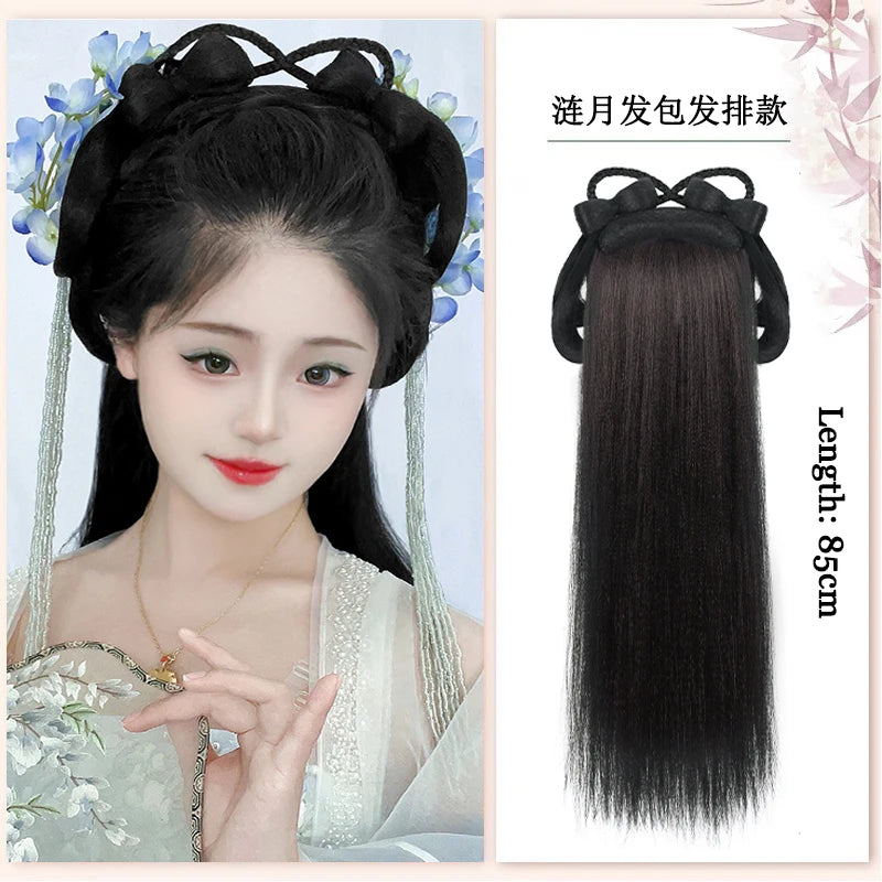 AOSI Synthetic Wei And Jin Style Warring States Robe Hanfu Wig Package Integrated Bun Back Pressed Back Hair Ancient Style
