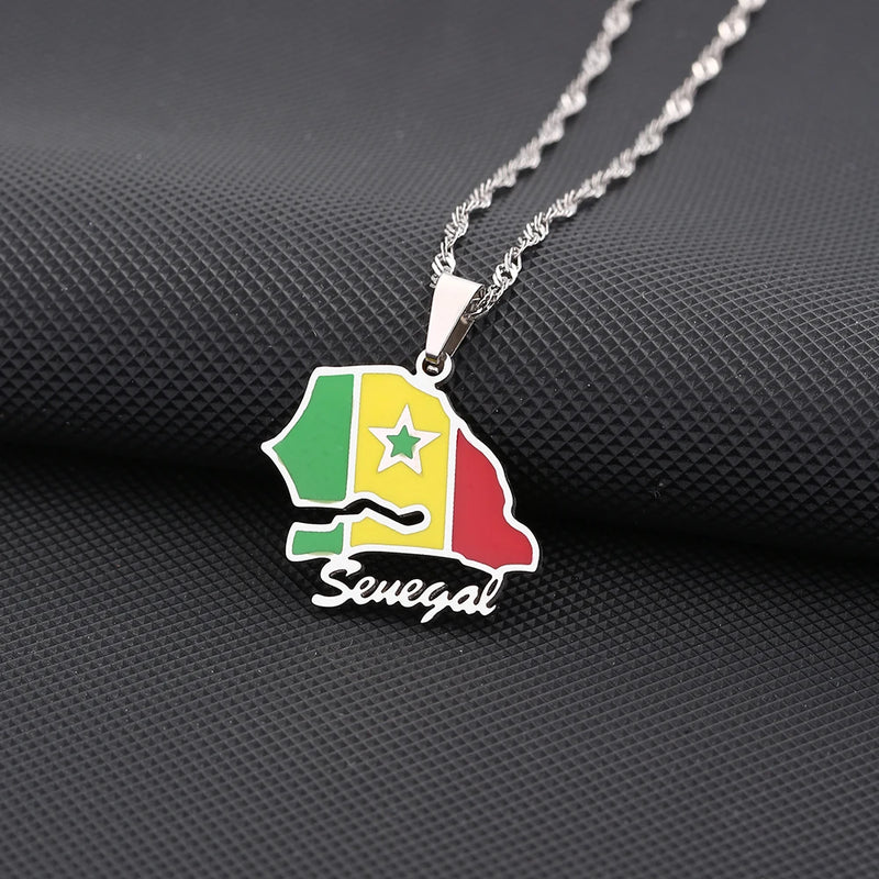 African Sénégal Map Flag Pendant Necklace Stainless Steel Men Women Senegal Maps Jewelry Gift