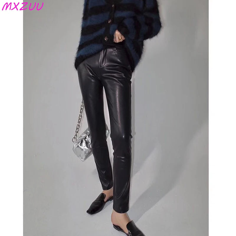 Black/White Genuine Leather Pencile Pants Sheepskin Classic High Waist Skinny Trousers Stretch Leggings for Women Pantalon Mujer